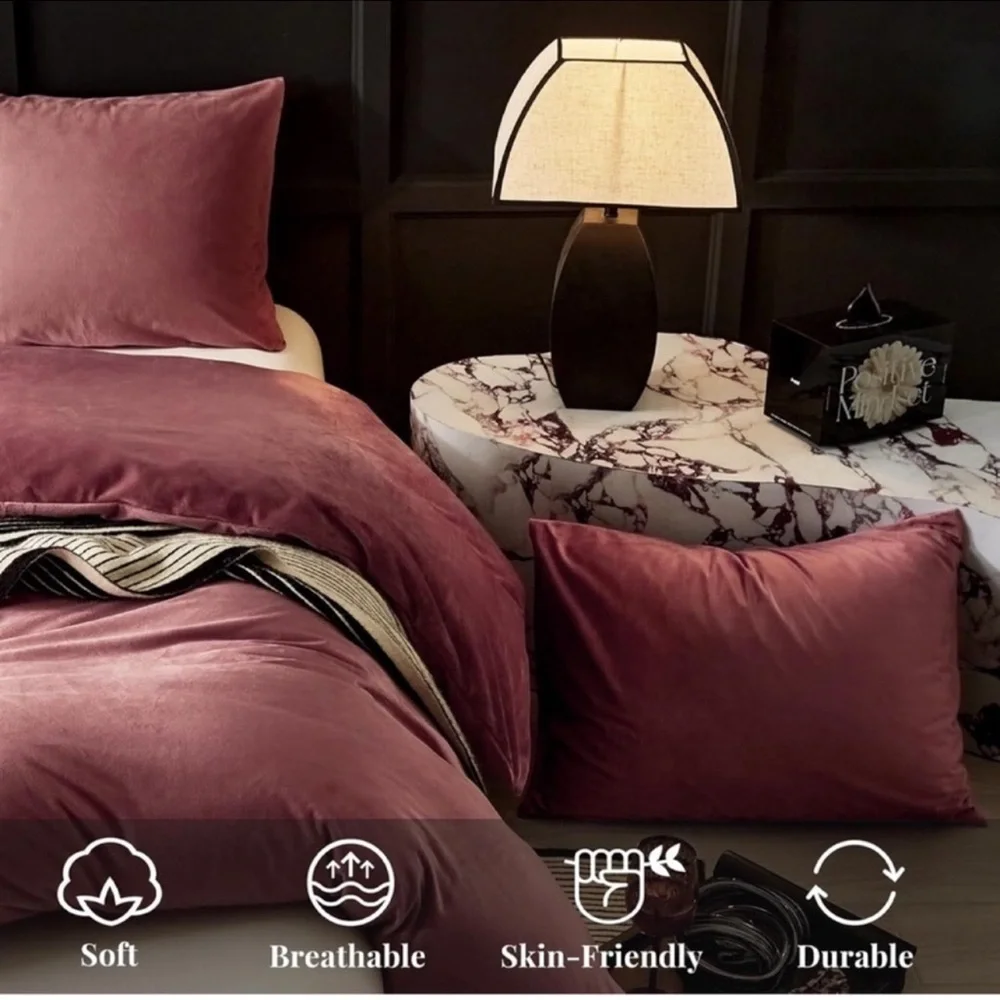 🆕 Pink Velvet Duvet Set Queen Pillow Shams Soft Cozy Warm Luxury Bedding Hotel